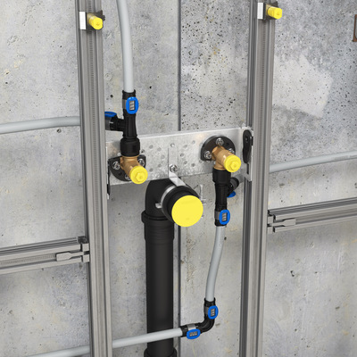 Durchgeschleifte Reihenleitungen zur Anbindung von Sanitärgegenständen können über MasterFix-Adapter werkzeuglos angeschlossen werden.