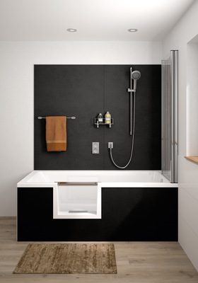 Duschbadewanne Livorno Mono Easy kombiniert mit den Wandpaneelen Repaneel in Anthrazit.