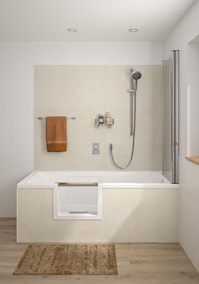 Duschbadewanne Livorno Mono Easy kombiniert mit den Wandpaneelen Repaneel in Sand.