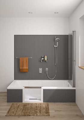 Duschbadewanne Livorno Mono easy mit Wandplatten im Dekor Struktur. - © Repabad
