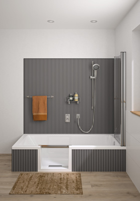 Duschbadewanne Livorno Mono easy mit Wandplatten im Dekor Struktur.
