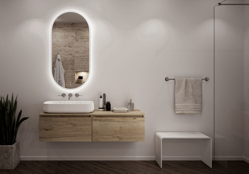 Badmöbelserie Base in Holzoptik: Der Kunde wählt aus drei Dekorfarben Eiche Classic, Eiche Grey, Eiche Shadow. Die Badunterschränke sind in verschiedenen Längen von 60 bis 140 cm, drei Tiefen sowie einem oder zwei Schubladenauszügen erhältlich. Die Griffmulden sind in das Design integriert. Sie sind sehr gut zu greifen. Alle Waschtischunterschränke lassen sich mit den Repabad-Keramikwaschtischen sowie den maßgefertigten Waschtischplatten aus Mineralwerkstoff kombinieren. 