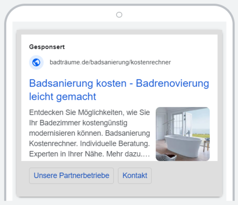  Anzeigen über Google Ads führen direkt auf eine Kampagnen-Zielseite des passenden regionalen SHK-Betriebs.