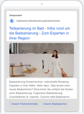 Anzeigen über Google Ads führen direkt auf eine Kampagnen-Zielseite des passenden regionalen SHK-Betriebs. - © GARANT
