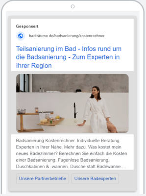  Anzeigen über Google Ads führen direkt auf eine Kampagnen-Zielseite des passenden regionalen SHK-Betriebs.