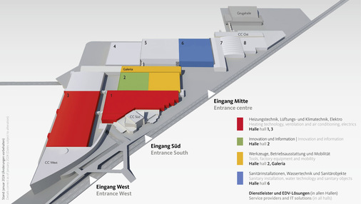 So sind die Messehallen zur SHK+E Essen 2024 aufgeteilt. - © Bild: Messe Essen
