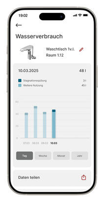 Dokumentation auslesen und speichern: Die App erleichtert den Nachweis der Erfüllung gesetzlicher Anforderungen durch die komfortable Dokumentation von Auslösungen und Wasser­verbräuchen (errechnet).