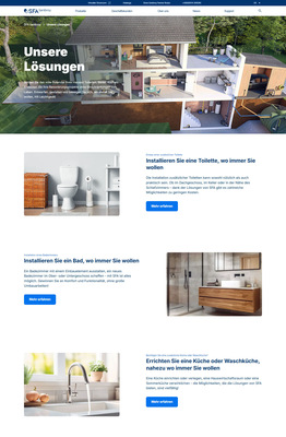 Im Bereich ‚SFA Sanibroy Lösungen‘ finden sich auf einen Blick Einsatzfelder für Neubau und Sanierung in Ein- und Mehrfamilienhäusern sowie im Gewerbe, darunter zusätzliche Sanitärinstallationen, Hochwasserschutz und Regenwassernutzung.