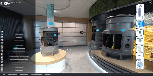 Im virtuellen Showroom von SFA Deutschland lassen sich Produkte dreidimensional erkunden, inklusive Schnittzeichnungen und technischen Details.