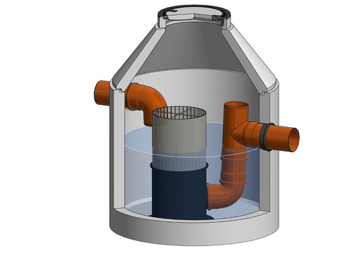 Isometrische Darstellung des Filterschachts. Links der Zulauf von der Dachfläche, rechts der Abfluss des gereinigten Wassers aus dem ­Inneren des Filtersiebzylinders in den Regenspeicher. Die Maschenweite des Edelstahlspaltsiebfilters beträgt 0,6 mm. Filtergut wird periodisch von oben abgesaugt.