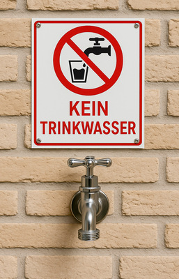 Zur Vermeidung von Gesundheitsrisiken schreibt die DIN EN 1717 vor, dass Entnahme­stellen für Betriebswasser dauerhaft und gut sichtbar mit dem Hinweis „Kein Trinkwasser“ gekennzeichnet sein müssen.
