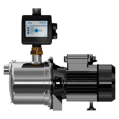 Eine kompakte Lösung zur Hauswasserversorgung und Gartenbewässerung bietet zum Beispiel das System Sanijet 5-55 PC3 mit mehrstufiger Kreiselpumpe und Press­control-Steuerung. Der Anlaufdruck ist individuell einstellbar, ein integrierter Trocken­laufschutz sorgt für sicheren Betrieb.