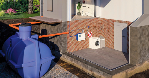 Regenwassermanagement­systeme wie Sanirain ­ermöglichen die Nutzung von Betriebswasser für WC-­Spülungen, Waschmaschinen und ­Bewässerungssysteme.