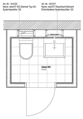 Der Grundriss zeigt die übersichtliche Planungssituation eines Gäste-WCs. Die Beschriftung wird dabei automatisch aus den Informationen zum Bauteil generiert und muss nicht manuell eingetippt werden.