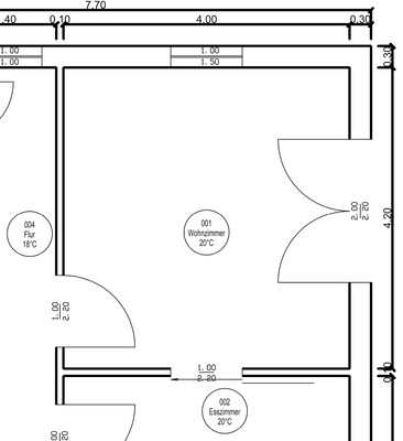 Dieses im Grundriss dargestellte Wohnzimmer wird im zugehörigen Formblatt durchgerechnet.