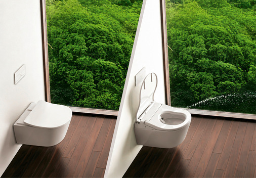 Die WC-Keramik bleibt an der Wand, die Dusch-WC-Technik wird nachträglich aufgerüstet. Optisch ist ein minimaler Unterschied erkennbar.
