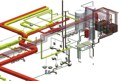 Übersichtliche Pläne: Die Sanitär-, Heizungs- und Lüftungsinstal­lation eines Autohauses in dreidimensionaler Darstellung