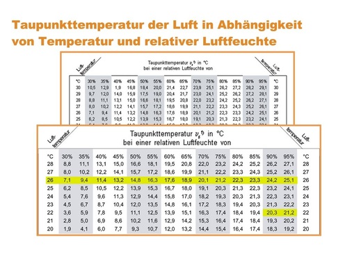 Bild 3 Die Taupunkttemperatur der Luft hängt von der Temperatur und der relativen Luftfeuchte ab