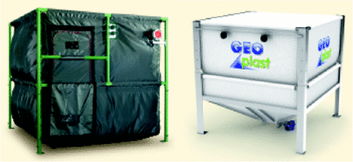 Gewebesilo-Varianten als Innenlager: links als „Maulwurftank“ mit Entnahme von oben; rechts als Innenlager mit Entnahme von unten