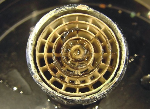 Bild 1 Dunkle schleimige Mikroorganismen an den wasser- und luft­berührten Kunststoff­oberflächen eines Strahlreglers