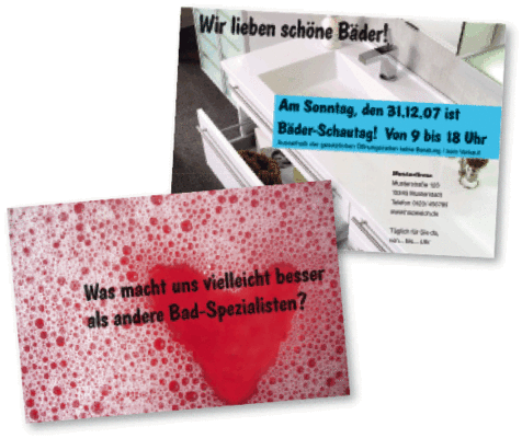 Auch mit ungewöhnlichen Kartenmotiven verankern Sie Ihre Schausonntag-Termin bei den Interessenten (abgebildet sind Vorder- und Rückseite)