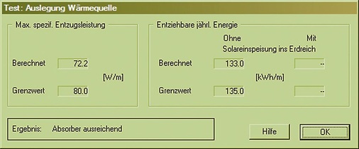 Bild 4 Prüfung der Wärmequelle für den momentanen und jährlichen Energie-Entzug (Bodenart: Granit)