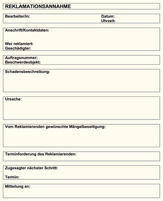 Vorschlag für ein firmeneinheitliches Annahmeformular für Reklamationen