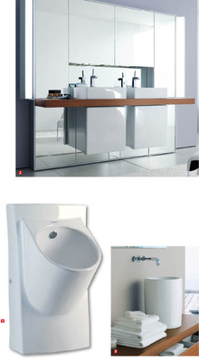 1 Montage- und servicefreundlich: Urinal Architec mit interessantem Innenleben2 Spiegel im ganzen Bad: Spiegelwandsystem Mirrorwall von Duravit3 Dream-Team: Fogo-Konsole und Aufsatzbecken Bacino