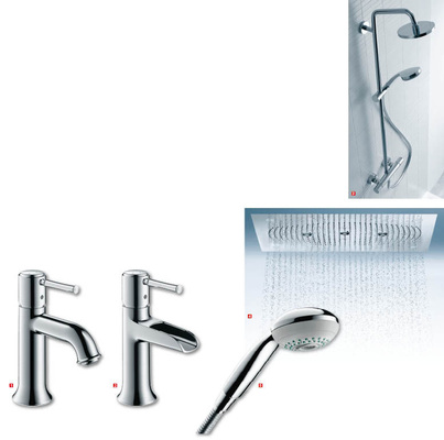1 Die Formen der neuen Armaturenlinie Talis Classic von Hansgrohe sollen an Vorbilder wie alte Brunnen und Wasserpumpen erinnern2 Reine Geschmackssache: Wasser pur dank offener Auslaufrinne bei Talis Classic Natural3 In Kombination mit der neuen Croma 100 Showerpipe soll der Ecostat Aufputz-Thermostat für komfortablen Duschspaß sorgen4 Duschen zu zweit: XXL-Kopfbrause ­Raindance Rainmaker Air5 Erhältlich ist die Handbrause Crometta 85 in drei Varianten – hier die Multispray-Version
