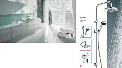 1 Noch ein Trend: Die Komplettbadserie 4U hat Keramag jetzt um die Möbeloberfläche Hochglanz Weiß ergänzt2 Tellerkopfbrause und Handbrause aus einem Guss: Das Dual-Shower-System von Kludi