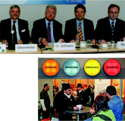 1 Die Veranstalter konnten Rekordzahlen rund um die IFH 2008 melden (v.r.): die Haupt­geschäftsführer Dr. Hans Balthas Klein (FV Baden-Württemberg) und Dr. Wolfgang Schwarz (FV Bayern), Werner Obermeier (Vorsitzender FV Bayern) und GHM-Chef Franz Reisbeck 2 Strom, Wasser, Erdgas und Wärme lautete der neue Slogan auf dem Schornsteinfegerstand. Ein Schelm, wer Böses dabei denkt...