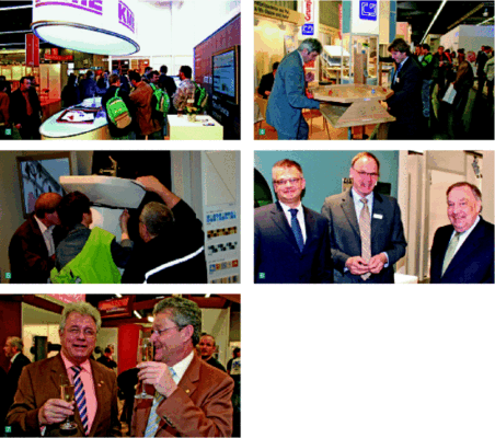 3 Viele Stände waren auch ohne Animation gut besucht und boten qualifizierte Beratung. Der Kupferstand von KME gehörte dazu4 Die IFH ist keine Game-­Con-vention, aber diese beiden Herren trugen am Grumbach-Stand über vier Tage hinweg ihre persönlichen Tisch-Kick-Meisterschaft aus5 Manche Dinge muss man einfach anfassen, um ihre Vorteile zu begreifen: Keramags Schnellbestigungen Kerafix gehören dazu6 Waren auch am späten Freitag-Nachmittag noch aktiv (v.l.): Hansa-Vorstand Marketing und Vertrieb Hans-­Joachim Stücke, Dirk Kistner (Geschäftsführer ­Roca und Laufen) und Hansa-Chef Wolfram Göhring7 Ein Prosit auf die IFH: Positives Fazit von Bayerns Landesinnungsmeister Werner Obermeier, hier mit seinem baden-württembergischen ­Kollegen Manfred Stather