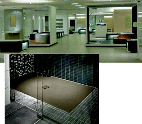 Das neue Infozentrum: Hier kann man sich auf 1000 m² Anregungen für die eigene Ausstellung holen. Innovative Produkte, wie die Duschfläche Floor werden ansprechend präsentiert
