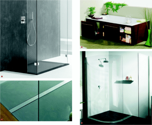1 Die aus einem Mineralguss ­gefertigten Duschwannen Bianco & Nero von Coram Bad sind in den Oberflächen Schwarz und Weiß erhältlich2 Die Uniflex-Duschrinne von Geberit3 Die neue Toplax-Badewanne ­Madera von Glamü nutzt den ­oftmals verschenkten Raum unter der Badewanne konsequent aus4 Starkes Doppel: Walk-in-Dusche Intro S Rund Plus mit Dusch­ablaufsystem ACO Showerdrain