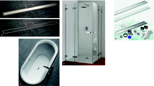 1 Die neue Duschrinne Linearis Super 60 von Kessel2 Die Wannenserie T500 von Koralle ­umfasst fünf Wannen in drei verschiedenen Formen3 Ideales Gespann: Duschabtrennungs­serien S700 und Duschwanne T900 von Koralle4 Die neue Mepa-Duschrinne wird als Komplettsystem angeboten