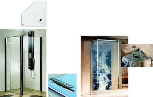 1 Die Duschwannen-Modelle Arco, ­Bologna und Como von Repabad sind extrem flach2 Sechs unterschiedliche Steinsorten stehen für die Saniku-Granit­dusche Novalux zur Auswahl3 Das Duschbord von Sanit gibt es in mehreren Größen als Quadrat oder als Rechteck4 Glaskonstruktion: Walk-in-Dusche von Sprinz