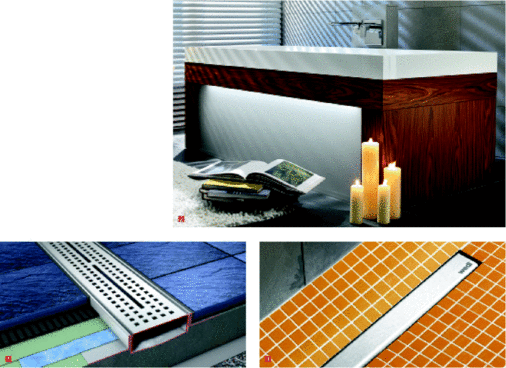 1 Der Knickfalz bei Tecedrainline und die darauf verklebte Dichtmanschette ­fungieren als Dichtung am kritischen ­Übergang zur Wand2 Im Trend: die Badewanne wird zum Möbel, wie hier die rechteckige Squaro-­Badewanne mit passender Verkleidung aus dem Programm City Life von V & B3 Bei Fundo Riolita von Wedi entschwindet das Duschwasser in der schmalen Linie zwischen Abdeckung und angrenzendem Bodenbelag