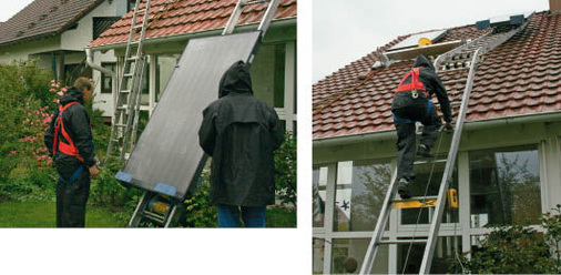 Mit einem Spezial-Lift, den Matthias Irrgang auf der Intersolar gekauft hat, ­werden die Kollektoren aufs Dach befördert — sogar bei Regen. Der zunächst ­hohe Anschaffungspreis habe sich laut Irrgang innerhalb kürzester Zeit ­amortisiert