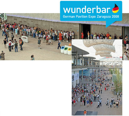 Die Weltausstellung im spanischen Zaragoza steht unter dem Motto “Wasser und nachhaltige Entwicklung“. Bis zu drei Stunden müssen Besucher beim deutschen Pavillon warten, um eine 120 m lange Floßfahrt anzutreten