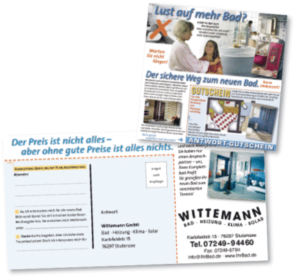 Über gekaufte Adressen werden im Umkreis von 30 km bis zu 20000 Haushalte angeschrieben. In der Regel generiert Wittmann ca. 20 Aufträge aus einer Versendung