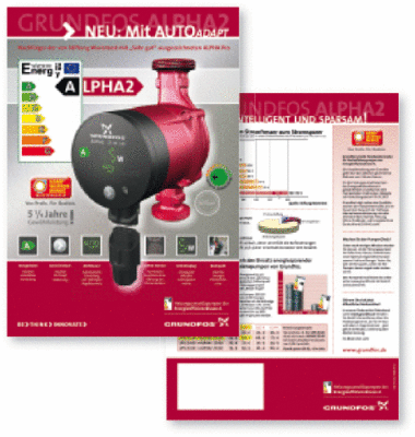Grundfos bietet ­Fachhandwerkern spe­zielle End­ver­braucher-Werbemate­rialien zur ­Alpha2 an. Dazu ­gehört auch ein Florpost-Prospektblatt als Beilage für ausgehende Post