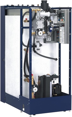 Ein 500-l-Pufferspeicher, eine Wärmepumpe mit 7,3 kW und ein Gas-Brennwertkessel mit 4,4—25 kW sind in der Hybrid-Wärme­zentrale „ThermiPro“ vereint; zudem gibt es eine serienmäßige Solareinbindung