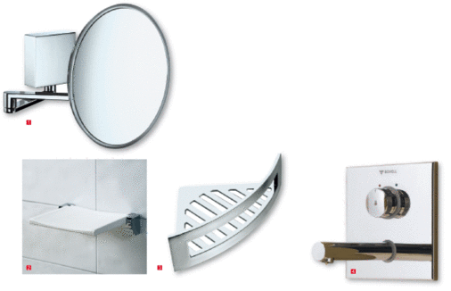 1 Neue Kosmetikspiegel-Generation von Sam mit LED-Technik2 Duschbereich mit Klappsitz von Sam 3 Zum Reinigen lässt sich der Korb von der verdeckten Wandbefestigung abziehen4 Für den öffentlichen ­Bereich: Wandauslauf-Armatur ­Linus mit Selbstschluss-Funktion von Schell