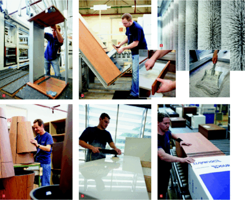 1 Am Ende der Vormontage steht die Verleimung des fertigen Schranks. Der Mitarbeiter trägt den Leim auf, steckt das Möbel zusammen und legt es in eine Presse, wo es mit einem Druck von ca. 7 bar verpresst wird2 Fertig formatiert, bekantet und verpresst, wird das Möbel nun Schritt für Schritt in der Endmontage zusammengebaut: Die Arbeitsplätze sind mit einer Hebe- und Kippvorrichtung ausgestattet. Zusätzlich stehen die Mitarbeiter im gesamten Möbelwerk auf Rücken schonenden Gummimatten3 Ein Bestseller nicht nur bei den Saudis: Die markante „Starck-Tonne“ hat ihren eigenen Fertigungsbereich in der Produk­tion. Mit Fingerspitzengefühl werden die Formteile montiert4 Beim Lackieren fangen Bürsten den überschüssigen Lack auf. Das getrocknete Pulver wird mit einer Rakeltechnik abgestreift und in einem Behälter hinter der ­Lackierwand gesammelt. Im getrockneten Zustand ist der Lack schadstofffrei und kann als gewöhnlicher Hausmüll entsorgt werden5 Die Lackmöbel liegen zurzeit im Trend: Hochglänzend poliert erhalten die Lack­oberflächen ihren finalen Schliff6 Im Verputzbereich werden alle Fronten kontrolliert. Die Mitarbeiter säubern die Kanten und entfernen überstehende ­Leimreste. Bevor die Palette das Werk ­verlässt, wird jeder Auftrag abschließend kontrolliert