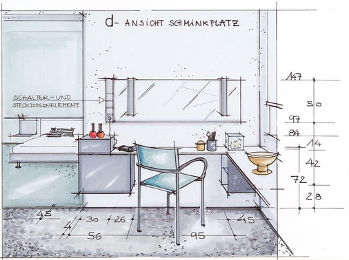 Blick ins Schlafzimmer: der Schminkplatz liegt strategisch günstig