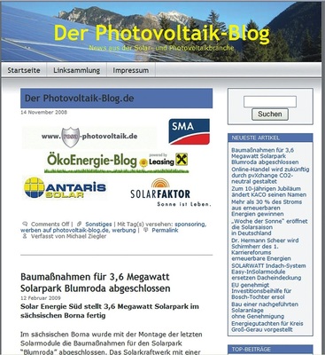 Im privat betriebenen „Photovoltaik-Blog“ gibt es regelmäßig Nachrichten zu Photovoltaik-Themen (http://photovoltaikblog.wordpress.com)