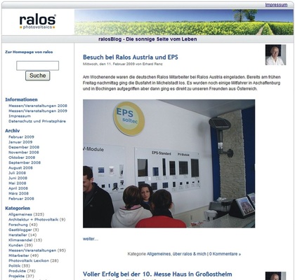 Das Photovoltaik-­Unternehmen Ralos betriebt auf seiner Homepage ein Blog, wo auch die eigenen Mitarbeiter schreiben (http://ralos.de/blog)