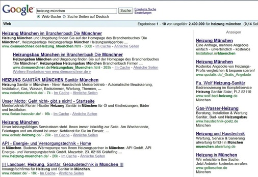 So werden Sie lokal gefunden (Beispiel für Suchbegriffe „Heizung“ und „München“): links die Ergebnisse des Suchmaschinen-Rankings sowie in der Spalte rechts die passenden Google Adwords Anzeigen