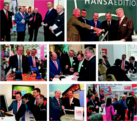 1 ZDH-Präsident Otto Kentzler (2.v.r.) und Prof. Heinz-Jürgen Kristahn (3.v.r.) informierten sich über das Dienstleistungs­angebot des ZVSHK2 Die Haftungsübernahme mit Armaturen-Hersteller ­Hansa wurde erneuert (v.l.): ZV-Vorstandsmitglied Dieter Lackmann, Hansa-Vorstand Marketing und Vertrieb Hans-Joachim Stücke, HGF Michael von Bock und Polach, Hansa-Vorstandsvorsitzender Wolfram Göhring sowie ZV-Vizepräsident Werner Obermeier3 Seitenwechsel: Peter Rathert, Referatsleiter technische Gebäudeausstattung im Bauministerium, im Job des Servicetechnikers4 Wilo unterstützt den Heizungs-Check (v.l.): ZVSHK-Hauptgeschäftsführer Michael von Bock und Polach, Udo Kunz sowie Peter Stamm (beide Wilo) und ZV-Vizepräsident Werner Obermeier bei der Vertragsunterzeichnung5 Für den Katalog „Barrierefreies Bad“ inklusive Online-Bestellung gab es in Kooperation mit dem Gentner Verlag einen eigenen ZV-Info-Stand6 ZVSHK-Referent Matthias Thiel (links) erläuterte die Katalog-Projekte und die neue Handwerker-Software für eine ganzheitliche Erfassung der Gebäudetechnik7 Heizkörper-Spezialist Zehnder jetzt Partner der Handwerkermarke: HGF Michael von Bock und Polach (links) sowie Zehnder-Geschäftsführer ­Donald Feser zeichneten den Vertrag8 In der Galleria hatten die netten Damen am Info-Stand der Handwerkermarke alle Hände voll zu tun