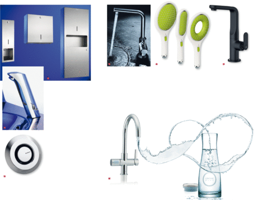 1 Franke-Edelstahl-Accessoire-Programm Rodan mit klassischem Design2 Wascharmatur Protronic-s von Franke Aquarotter: Ein neuartiges Detektionsverfahren soll den ungewollten Wasserfluss bei spiegelnden Waschtischober­flächen vermeiden 3 Drücken statt drehen: Der Uniflex PushControl von Geberit 4 Zur Zweigriffarmaturenlinie Atrio kommt bei Grohe ­eine komplette Einhandmischerlinie hinzu5 Die neue Rainshower Kollektion von Grohe: (v. l.) Solo, Eco und Icon 6 Das Armaturen-Programm Veris gibt es in den Oberflächen Chrom, Moon White, Velvet Black und Frosted ­Titanium7 Die neue Zwei-Wege-Technik von Grohe: Neben normalem Leitungswasser befördert die Küchenarmatur Blue auch gefiltertes Trinkwasser